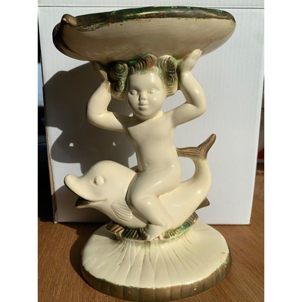Vintage 70’s Holland Mold Ceramic Pedestal Soap Dish Baby Boy Cherub on Dolphin